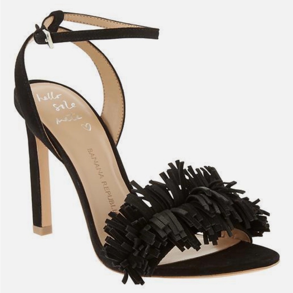 Banana Republic- Honey, Black Suede Fringed Ankle Strap 4” Heel Sandal size 9.5